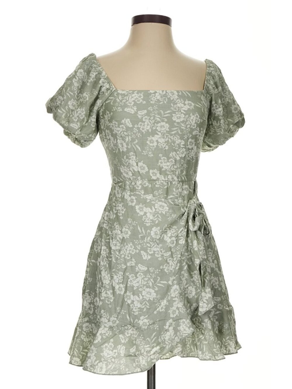 NWT Trixxi Sage Green Floral Puff Sleeve Faux Wrap Ruffle Mini Dress, Small